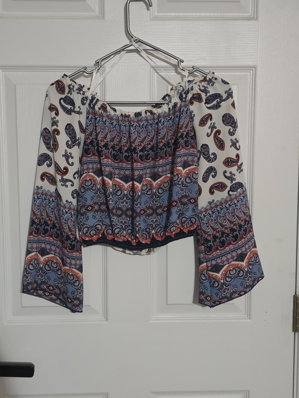Papaya Paisley Off-Shoulder Crop Top in White, Blue, and Rust